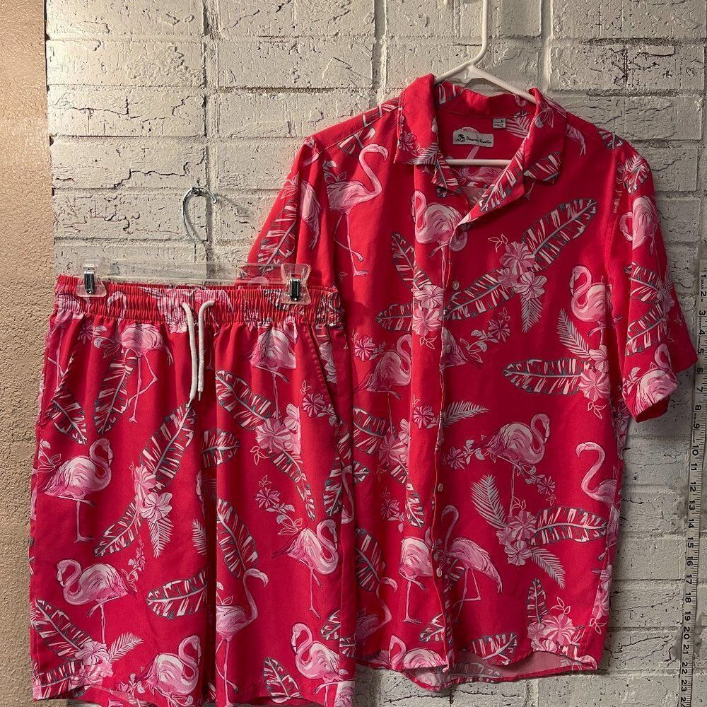 Hawaiian Vacation Flamingo Hawaiian Resort Shirt Shorts Set Button Down M